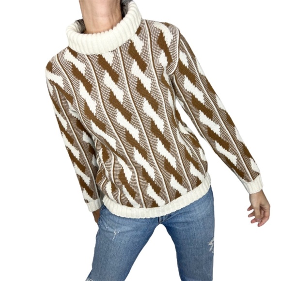 Vintage 60s 70s cream brown 100% Hi-Bulk Orlon turtleneck sweater - Picture 1 of 11